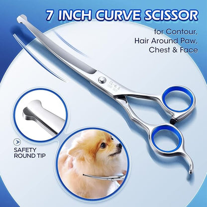 Gimars Professional 5 in 1 Grooming Scissors for Dogs 4CR with Safety Round Tip, Heavy Duty Titanium Coated Straight &amp; Thinning &amp; Curved Shears