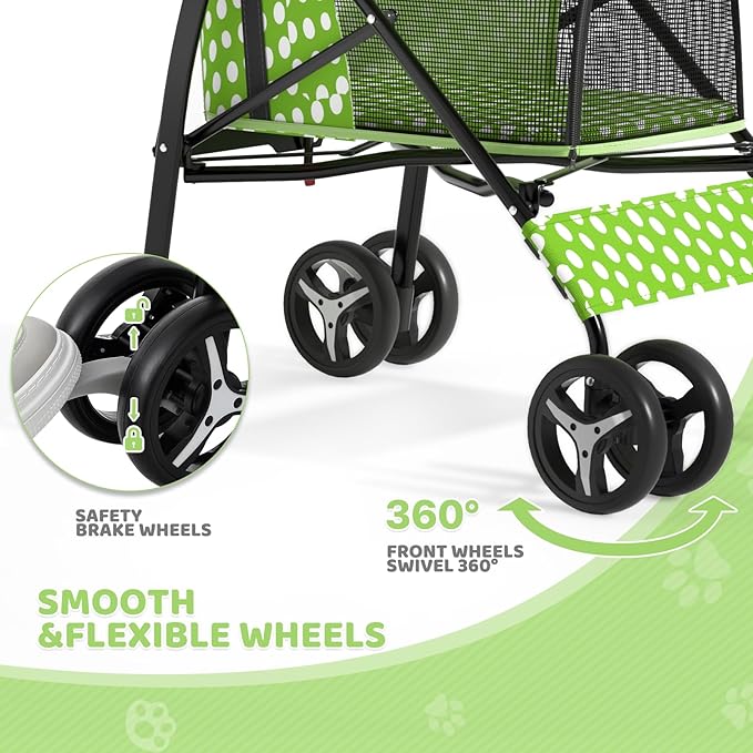 Magshion Compact Pet Stroller for Small-Medium Dogs/Cats up to 22lbs, 4-Wheel Lightweight Umbrella Shaped Portable Puppy Travel Jogger with Breathable Mesh &amp; Rear Storage, Lawn Green Polka Dots