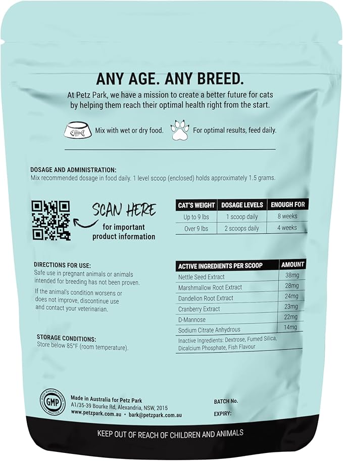 Urinary and Kidney Powder Supplement for Cats - Cranberry, Nettle Seed, D-Mannose for Cat UTI Treatment, Urinary Tract Health, and Kidney Care - Fast UTI Relief &amp; Prevention - 60 Scoops