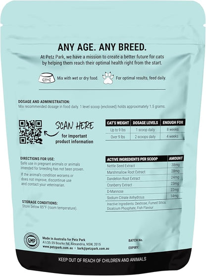 Urinary and Kidney Powder Supplement for Cats - Cranberry, Nettle Seed, D-Mannose for Cat UTI Treatment, Urinary Tract Health, and Kidney Care - Fast UTI Relief &amp; Prevention - 60 Scoops