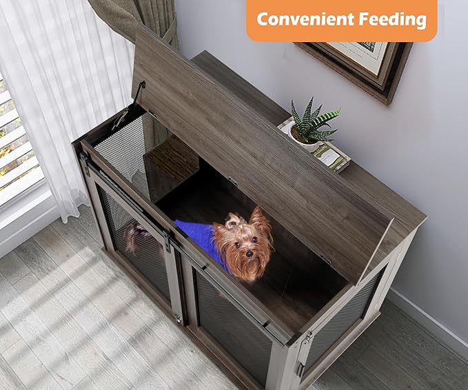 LINLUX 47 Inch XL Dog Crate Furniture, Wooden Heavy Duty Dog Kennel Indoor, Decorative Dog Cage Table for Extra Large Dogs, with Sliding Doors, Wheels and Flip-top Plate