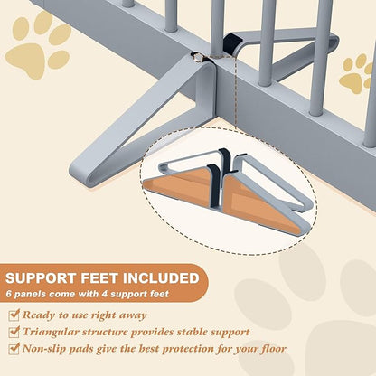 Freestanding Pet Gate for Dogs, Foldable Wooden Dog Gate for House, Extra Wide Indoor Pet Barrier for Stair, Doorway, Hall, Support Feet Included, 120 Inch Wide, 6 Panels 24", Grey