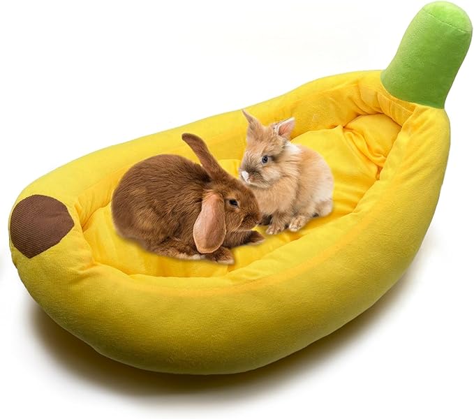 Rabbit Bed,Bunny Bed,Thick&amp;Soft with Removable Mat,Machine Washable Guinea Pig Cushion,Cozy Rabbi Plush House,Warm Small Animal Sleeping Beds(Yellow Banana Shape-L)
