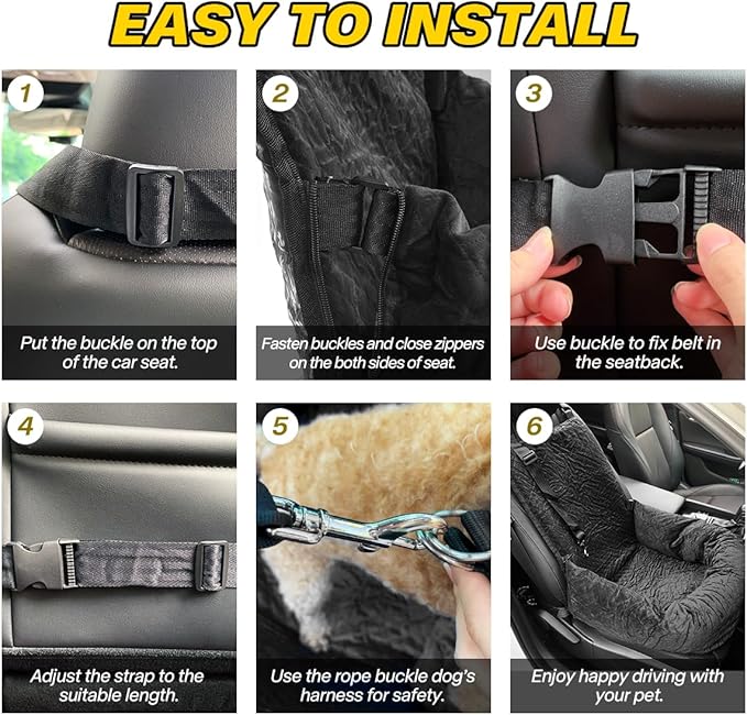 Dog Car Seat for Small Medium Dogs Up to 40lbs, Detachable Washable Soft Pet Booster Travel Bed for Front &amp; Black Seat with Safety Leash Belt