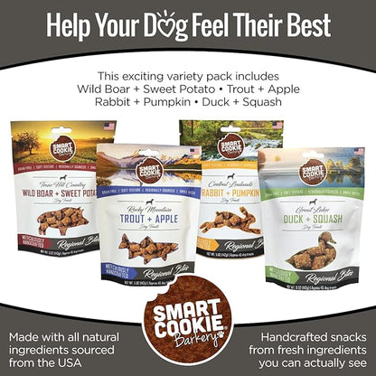 Smart Cookie All Natural Soft Dog Treats - 4 Flavor Variety Pack (5oz Each) - Healthy Dog Treats for Dogs &amp; Puppies with Allergies, Sensitive Stomachs - Chewy, Grain Free, Made in USA