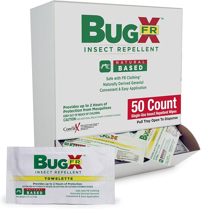 CoreTex Bug X FR DEET-Free Insect Repellent Wipes - Pack of 50 Single-Use, Naturally Derived Geranium Oil Bug Wipes - Protects Against Flies, Fleas &amp; Mosquitoes - Travel Mosquito Repellent Towelettes