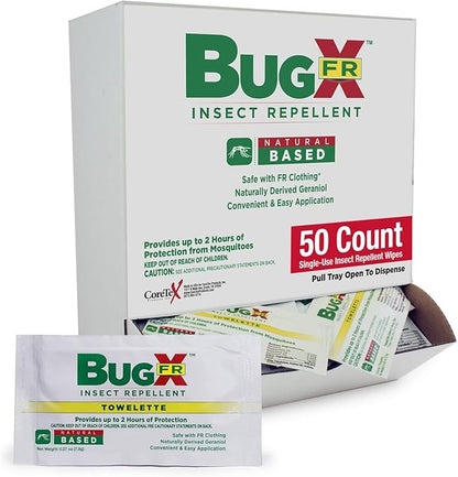 CoreTex Bug X FR DEET-Free Insect Repellent Wipes - Pack of 50 Single-Use, Naturally Derived Geranium Oil Bug Wipes - Protects Against Flies, Fleas &amp; Mosquitoes - Travel Mosquito Repellent Towelettes
