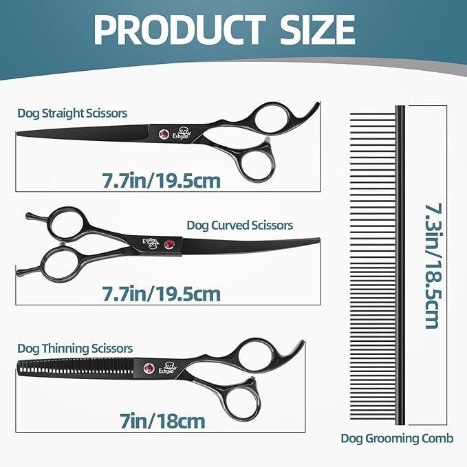 7.0" Professional Dog Grooming Scissors Kit – 3-Piece Set with Straight, Curved &amp; Thinning Shears, Black Japanese Stainless Steel, Includes Grooming Comb for Dogs &amp; Cats