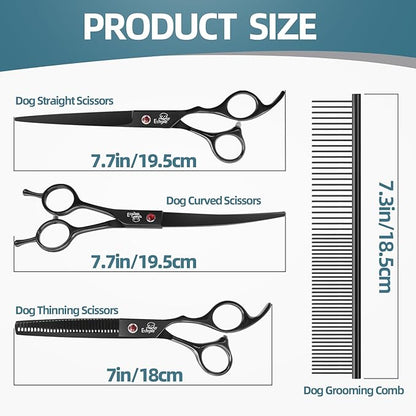 7.0" Professional Dog Grooming Scissors Kit – 3-Piece Set with Straight, Curved &amp; Thinning Shears, Black Japanese Stainless Steel, Includes Grooming Comb for Dogs &amp; Cats
