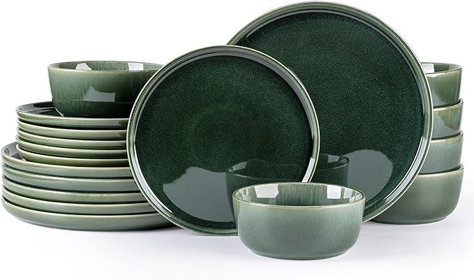 GBHOME Ceramic Dinnerware Sets for 6, 18 Pieces Stoneware Plates and Bowls Sets, Reactive Glaze Dishes -Scratch Resistant, Dishwasher&amp;Microwave Safe, Earth Green