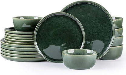 GBHOME Ceramic Dinnerware Sets for 6, 18 Pieces Stoneware Plates and Bowls Sets, Reactive Glaze Dishes -Scratch Resistant, Dishwasher&amp;Microwave Safe, Earth Green