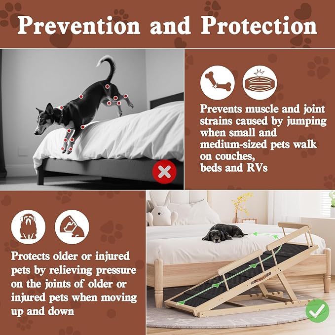 Dog Ramp for High Bed, Couch, Car, Pet Ramps 55.12" Long Adjustable 19.7"-27.6" Wooden Dog Step with High Traction Mat &amp; Safety Side Rails for Small Medium Large Older Pets, up to 250 lbs