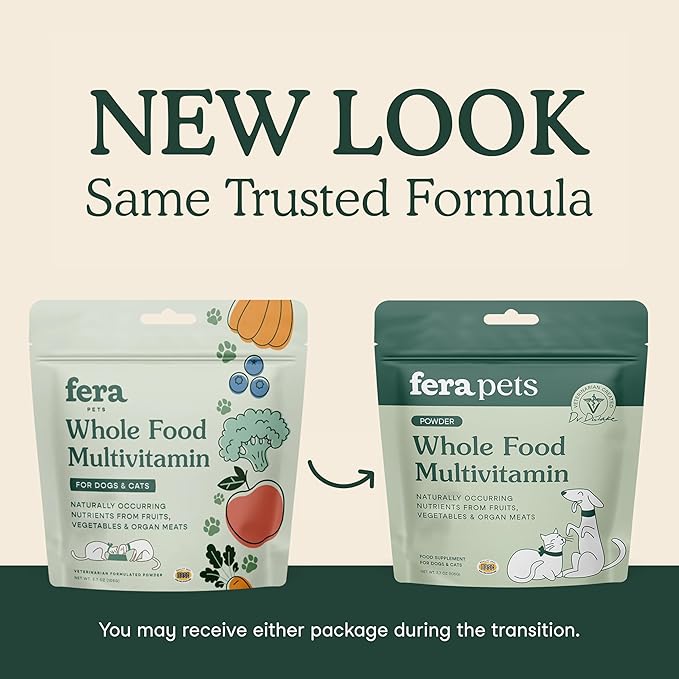 Fera Pets Whole Food Multivitamin Cat &amp; Dog Food Topper with Probiotics, Antioxidants, &amp; Essential Dog Vitamins &amp; Minerals - Nutrients from Fruits, Vegetables, &amp; Organ Meats - 3.7 oz