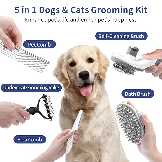 5 in 1 Dog Grooming Kit - Self-Cleaning Slicker Brush for Shedding Short Long Haired Dogs &amp; Cats, Includes Pet Comb, Flea Comb, Bath Brush, Undercoat Rake - Complete Fur Care Set - Gray