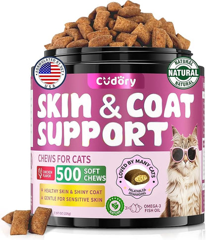 Natural Skin and Coat Support for Cats - Crunchy &amp; Creamy Chews with Omega 3, Biotin &amp; Vitamin E for Healthy Skin, Shiny Fur, Cat Supplements &amp; Vitamins -Chicken（500 Chews