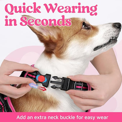 rabbitgoo Dog Harness for Large Dogs, No Pull Pet Vest with 3 Buckles, Adjustable Soft Padded Pet Harness with Easy Control Handle and Reflective Strips, Black &amp; Rose Pink, L