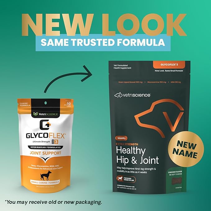 VetriScience Glycoflex 3 Clinically Proven Hip and Joint Support Supplement for Small Dogs - Maximum Strength Dog Supplement with Glucosamine, MSM, Green Lipped Mussel &amp; DMG - 60 Chews,Chicken Flavor