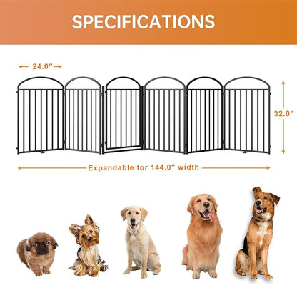6 Panles Full Matel Freestanding Dog Gates with Door, 144"Extra Wide 32"Tall Free Standing Dog Pet Gate for Indoor &amp; Outdoor. Foldable Pet Fences for Doorways, House, Stairs, Porch, Deck, Yard