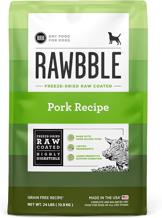 BIXBI Rawbble Dry Dog Food, Pork, 24 lbs - USA Made with Fresh Meat - No Meat Meal &amp; No Corn, Soy or Wheat - Freeze Dried Raw Coated Dog Food - Minimally Processed for Superior Digestibility