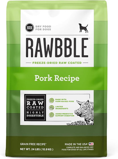 BIXBI Rawbble Dry Dog Food, Pork, 24 lbs - USA Made with Fresh Meat - No Meat Meal &amp; No Corn, Soy or Wheat - Freeze Dried Raw Coated Dog Food - Minimally Processed for Superior Digestibility