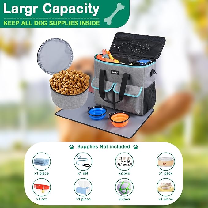 Large Pet Travel Bag Organizer - Dog &amp; Cat Tote with Food Containers, Bowls, Feeding Mat, Perfect for Camping, Hiking (Multi-Pocket Design)
