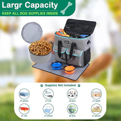 Large Pet Travel Bag Organizer - Dog &amp; Cat Tote with Food Containers, Bowls, Feeding Mat, Perfect for Camping, Hiking (Multi-Pocket Design)