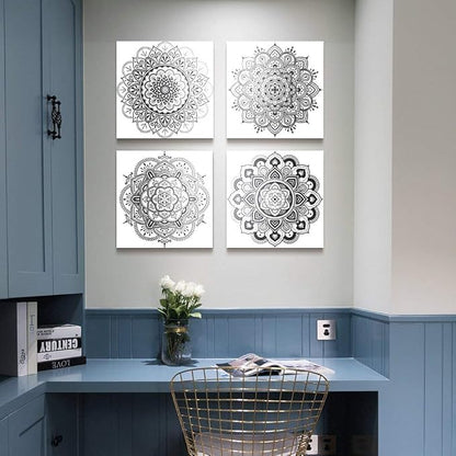 Black and white art Decorative pattern Canvas Wall Art for Living Room Bedroom wall decor Bathroom decorations,4 piece Modern Home decoration inspirational wall paintings Posters Pictures artwork