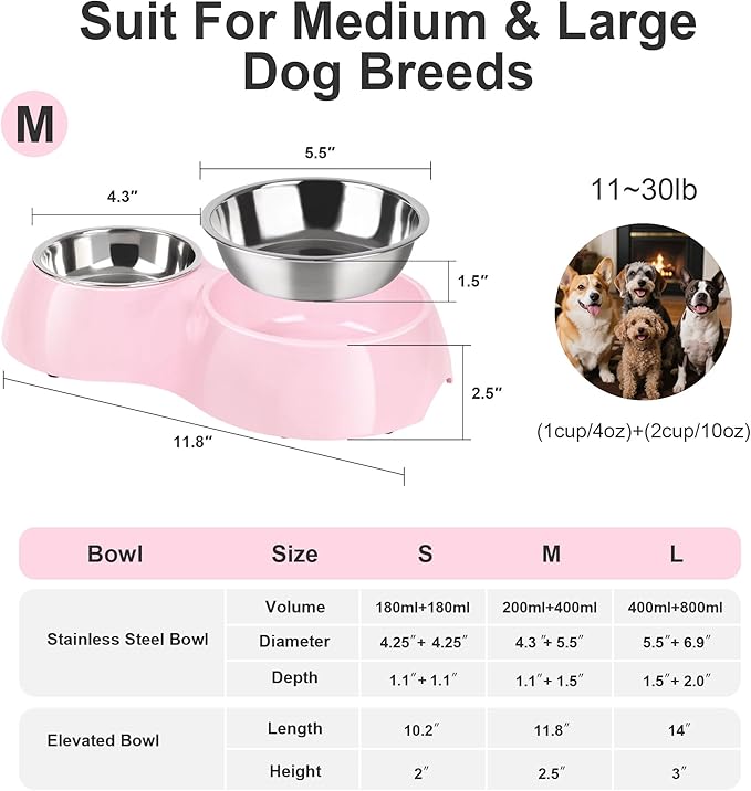 Double Dog Bowls Set – Non-Slip Pet Food &amp; Water Dishes with Resin Stand, Includes Small (1 Cup) &amp; Medium (2 Cups) Bowls – Ideal for Puppies, Cats, and Medium Dogs – Pink