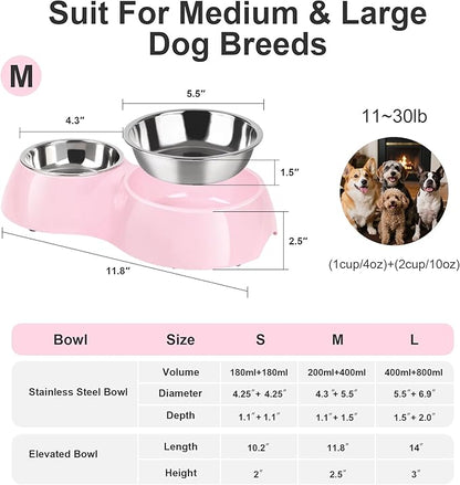 Double Dog Bowls Set – Non-Slip Pet Food &amp; Water Dishes with Resin Stand, Includes Small (1 Cup) &amp; Medium (2 Cups) Bowls – Ideal for Puppies, Cats, and Medium Dogs – Pink