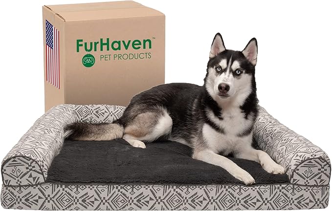 Furhaven Orthopedic Dog Bed for Large Dogs w/ Removable Bolsters &amp; Washable Cover, For Dogs Up to 95 lbs - Plush &amp; Southwest Kilim Woven Decor Sofa - Boulder Gray, Jumbo/XL