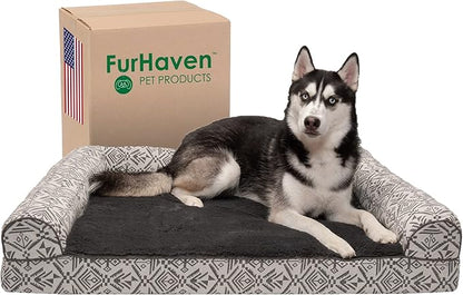 Furhaven Orthopedic Dog Bed for Large Dogs w/ Removable Bolsters &amp; Washable Cover, For Dogs Up to 95 lbs - Plush &amp; Southwest Kilim Woven Decor Sofa - Boulder Gray, Jumbo/XL