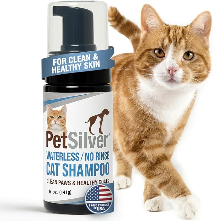 PetSilver Waterless Cat Shampoo - No Rinse Bath &amp; Dry Shampoo for Cats - Long-Haired &amp; Sensitive Skin - Cleans, Conditions &amp; Moisturizes - Hypoallergenic &amp; Fragrance-Free - Patented Formula - 5 fl oz