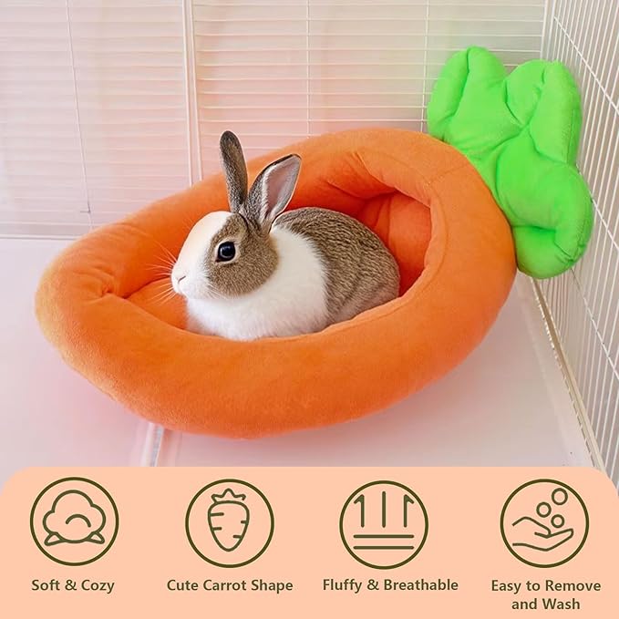 Bunny Bed,Thick&amp;Soft Rabbit Bed with Removable Cushion,Machine Washable with Rattan Mat &amp; Heart Decor,Cozy Warm Small Animal Sleeping Beds (Carrot Shape-M)