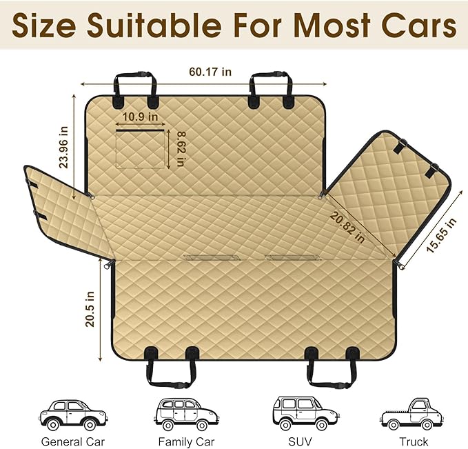 Waterproof Dog Car Seat Cover for Back Seat - Durable, Scratch Proof Pet Hammock with Nonslip Design &amp; Storage Pockets, Fits Cars, SUVs, Trucks - L, Khaki/Black
