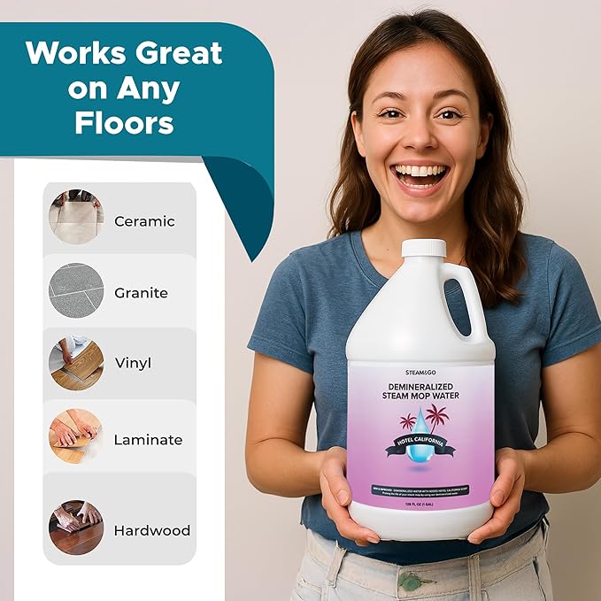 Steam &amp; Go Deminerilized Water - Multi-Surface Cleaner for Steam Cleaners, Hardwood Floors, Kitchens, &amp; Bathrooms - Germ-Killing Formula - Hotel California Scent - 1 Gallon