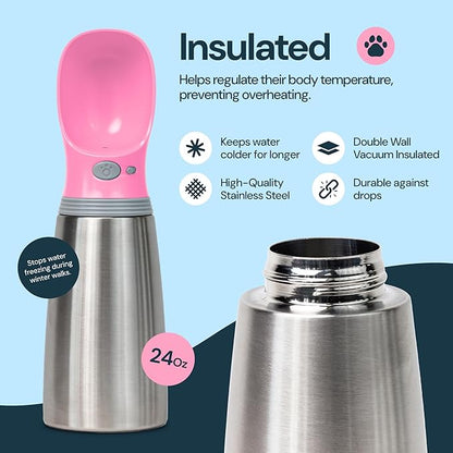 MalsiPree Insulated Dog Water Bottle - 24 Oz, Pink - Leak-Proof Stainless Steel Portable Travel Dispenser &amp; Bowl