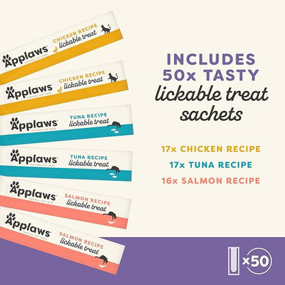 Applaws Lickable Cat Treats, Natural Grain-Free Purée, Limited Ingredient Variety Pack with Chicken, Tuna &amp; Salmon Squeeze Up Treats (50 x 0.5oz Sachet Tub)