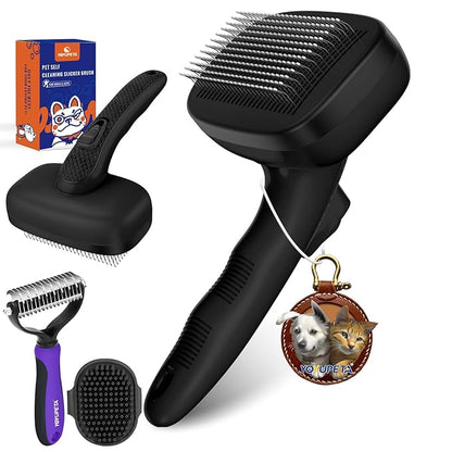 Dog Brush Kit - Self-Cleaning Slicker Brush with Bath Brush &amp; Undercoat Rake | Deshedding Tools for Large - Small Dogs &amp; Cats, Professional 3-in-1 Pet Grooming Set for Heavy Shedding, Black