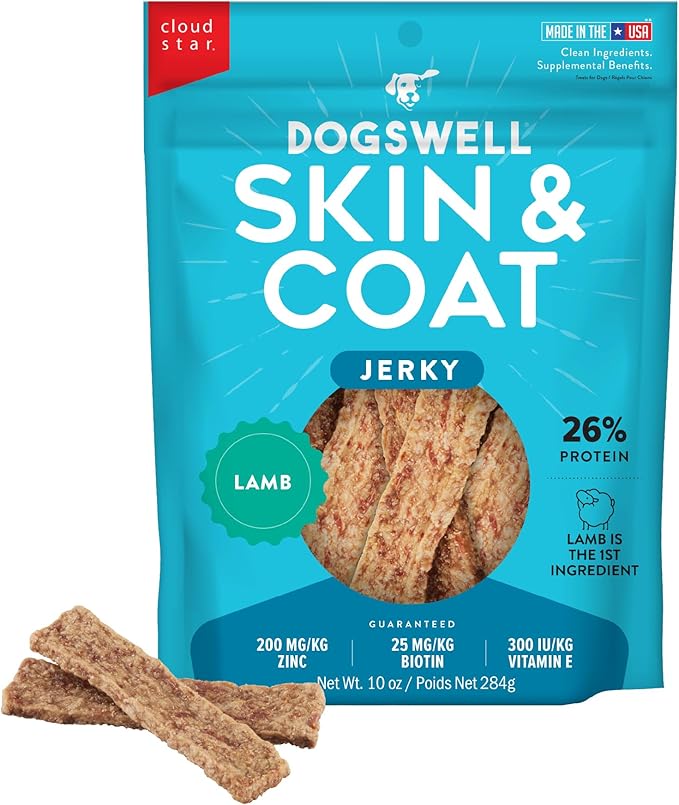 Dogswell Skin &amp; Coat Jerky Dog Treats, Lamb, 10 oz. Bag