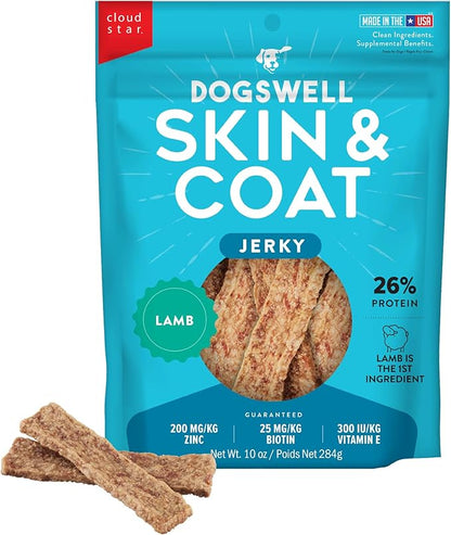 Dogswell Skin &amp; Coat Jerky Dog Treats, Lamb, 10 oz. Bag