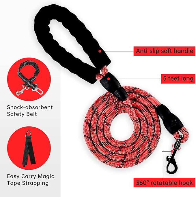 IVY&amp;LANE No Pull Dog Harness for Large Dogs, Dog Vest Harness with Leash, Safety Belt and Storage Strap, Fully Adjustable Harness, 360° Reflective Strip, Soft Handle (Red, XL)