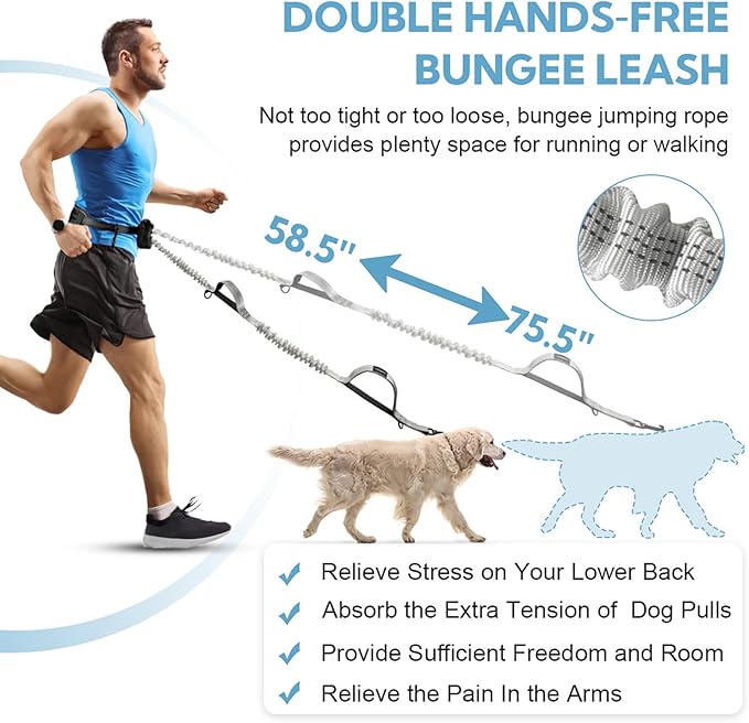 Hands Free Dog Leash, Adjustable Waist Belt with Double Padded Handles, Retractable Bungee for Medium &amp; Large Dogs, Waist Leash for Dog Walking, Running, No Pull, Grey
