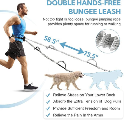 Hands Free Dog Leash, Adjustable Waist Belt with Double Padded Handles, Retractable Bungee for Medium &amp; Large Dogs, Waist Leash for Dog Walking, Running, No Pull, Grey