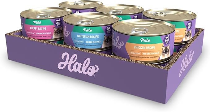 Halo Wet Cat Food Variety Pack, Three Canned Wet Cat Pate, Chicken, Turkey &amp; Whitefish, 5.5 Oz Can (Pack of 12)