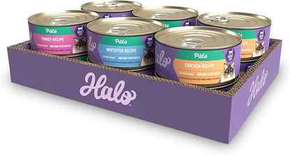 Halo Wet Cat Food Variety Pack, Three Canned Wet Cat Pate, Chicken, Turkey &amp; Whitefish, 5.5 Oz Can (Pack of 12)