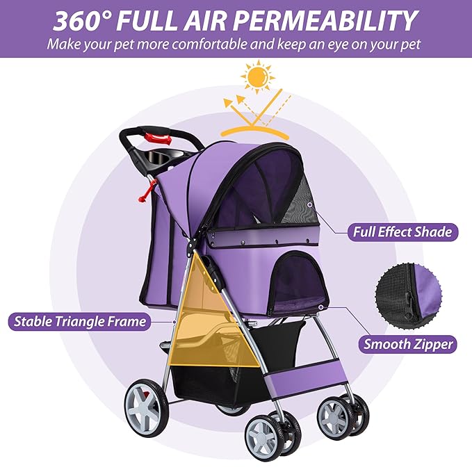 4 Wheels Pet Stroller for Small Medium Dogs Cats 10-33 lbs, Foldable Dog and Cat Stroller with Cup Holder &amp; Storage Basket &amp; Breathable Mesh, Pet Strolling Cart for All-Season, Purple
