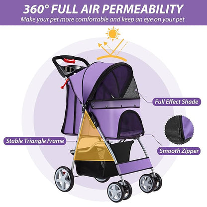 4 Wheels Pet Stroller for Small Medium Dogs Cats 10-33 lbs, Foldable Dog and Cat Stroller with Cup Holder &amp; Storage Basket &amp; Breathable Mesh, Pet Strolling Cart for All-Season, Purple