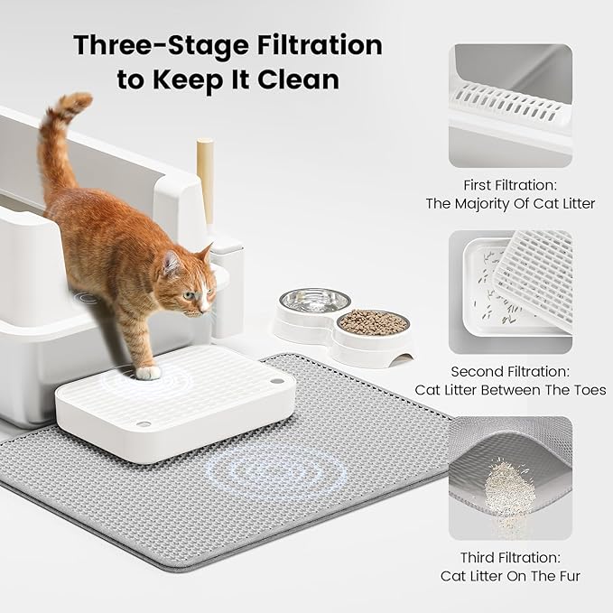 Stainless Steel Cat Litter Box - Enclosed XL Metal Kitty Litter Box with Lid for Big Cats, High Sided, Anti-Leakage, Easy Cleaning, Non-Sticky, Included Litter Mat, Cat Bowl &amp; Spoon