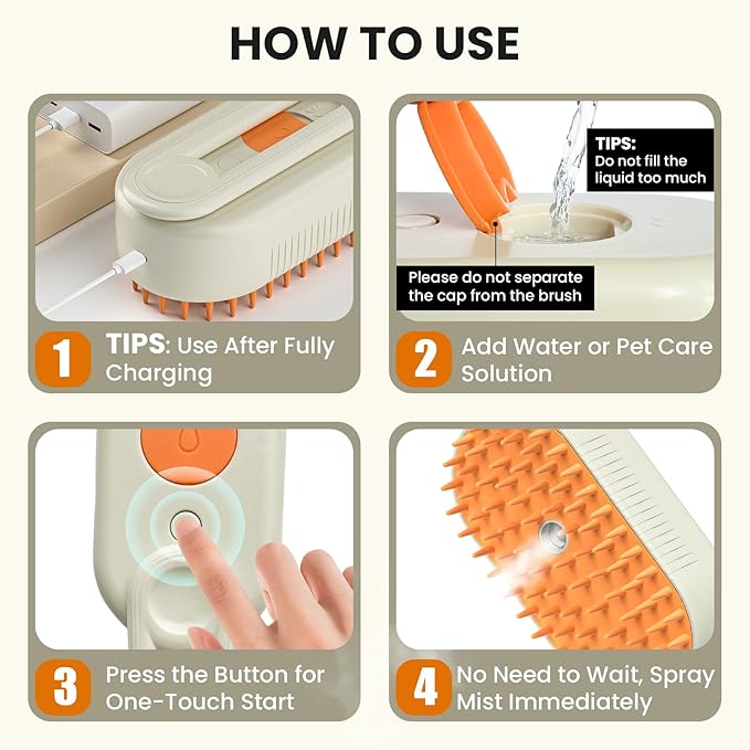 Cat Steam Brush for Shedding, Pet Steam Brush for Cats and Dog, 4 in 1 Rechargeable Cat Hair Brush, Spray Anti-Static, Massage, Cleaning, Shedding &amp; Combing All In One, for Long &amp; Short Haired Pets!