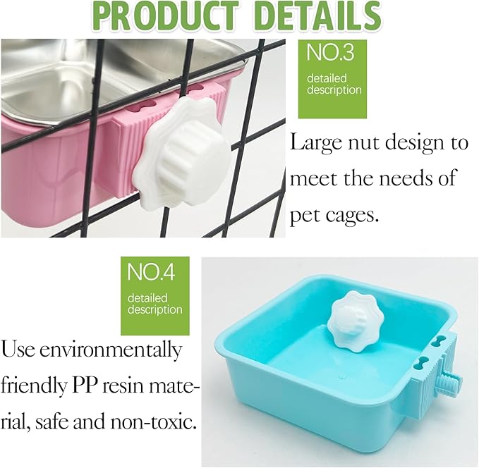 kathson Crate Dog Bowl, Removable Stainless Steel Hanging Pet Kennel Cage Bowl Food &amp; Water Feeder Coop Cup for Puppy, Cat, Rabbit,Guinea Pigs 3pcs Square(Blue,Green,Pink)